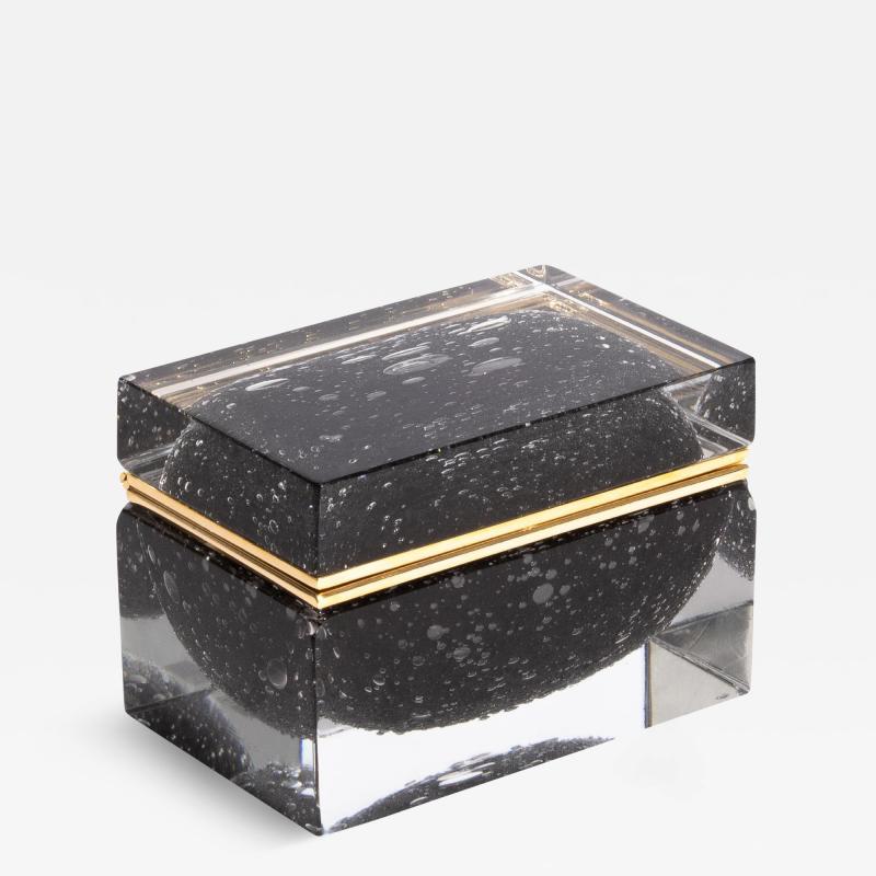 Hand Blown Murano Glass Box in Black with Bubbles and Brass Fittings