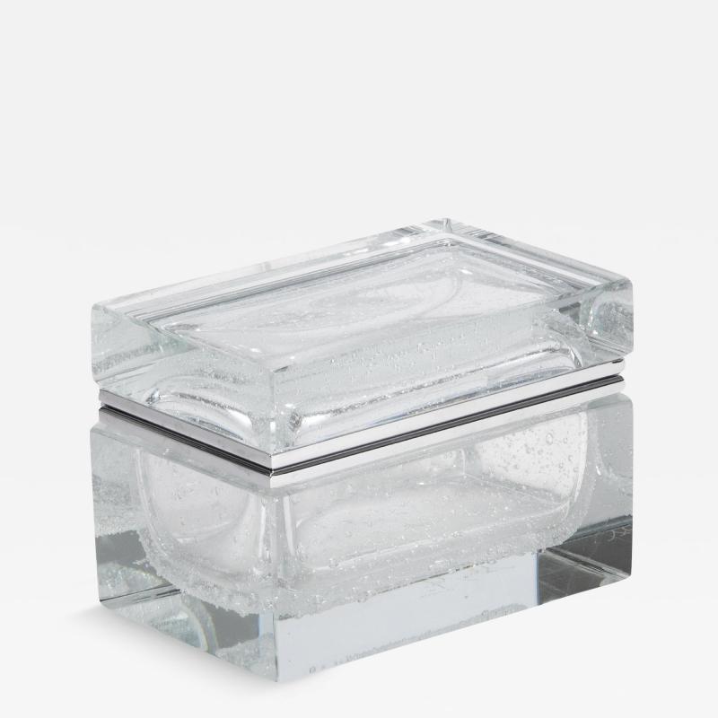 Hand Blown Murano Glass Box in Crystal with Bubbles and Chrome Fittings