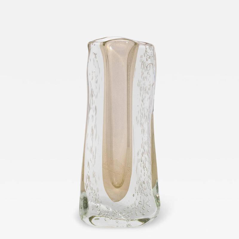 Hand Blown Murano Modern Fluid Vase Clear with 24 karat Gold Flecks and Bubbles