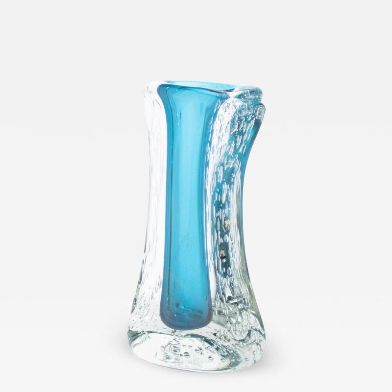 Hand Blown Murano Modern Fluid Vase in Aquamarine Blue with Bubbles