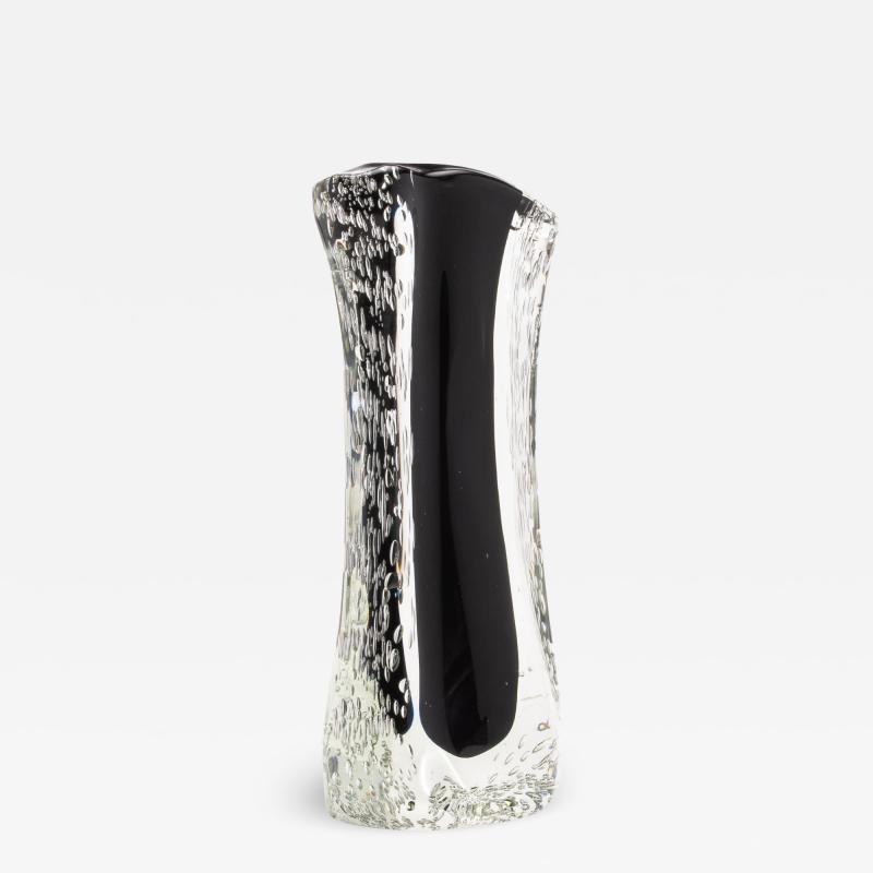 Hand Blown Murano Modern Fluid Vase in Onyx Black with Bubbles