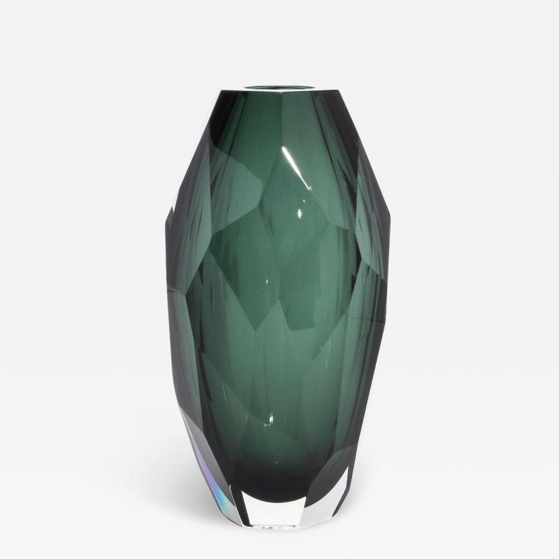 Hand Blown Murano Modern Tall Faceted Vase in Emerald Green Medium
