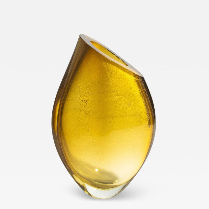 Hand Blown Murano Vase in Amber with 24 Karat Gold Flecks Medium