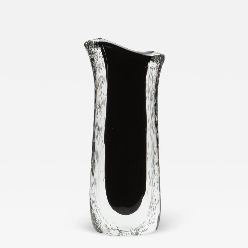Hand Blown Murano Vase in Clear and Onyx Black with Bubbles