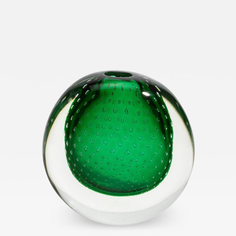 Hand Blown Murano Vase in Emerald Green with Bubbles