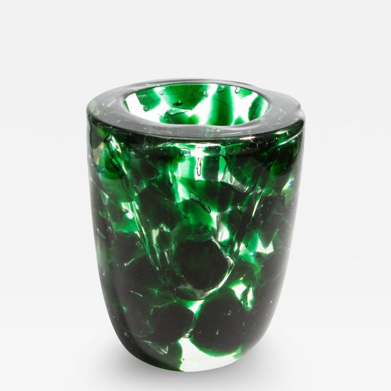 Hand Blown Murano Vase with Emerald Green Details