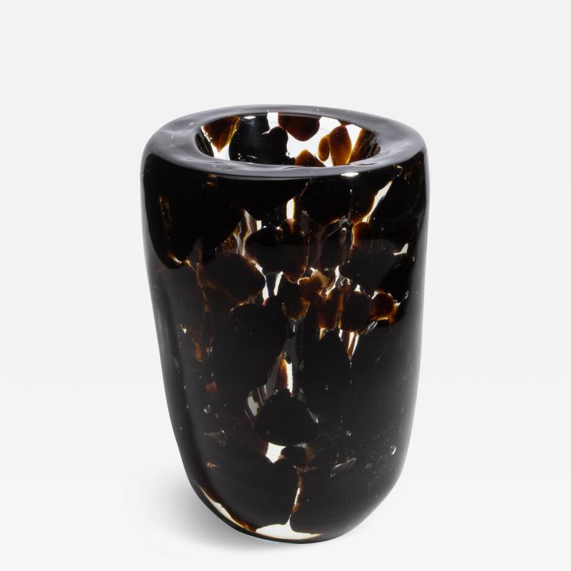 Hand Blown Murano Vase with Onyx Black and Dark Amber Details