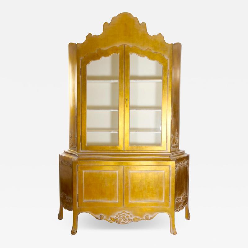 Hand Carved Gilt Gold Painted Exterior Two Part Display Cabinet