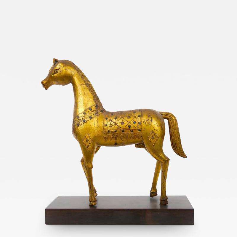 Hand Carved Gilt Gold Wood Base Decorative Horse Sculpture