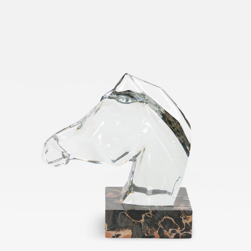 Hand Carved Rock Crystal Equo Case Horse Head Marble Base Sculpture
