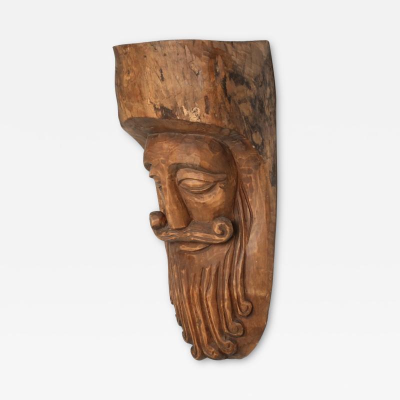 Hand Carved Rustic Wooden Mask with soft expression 1900s