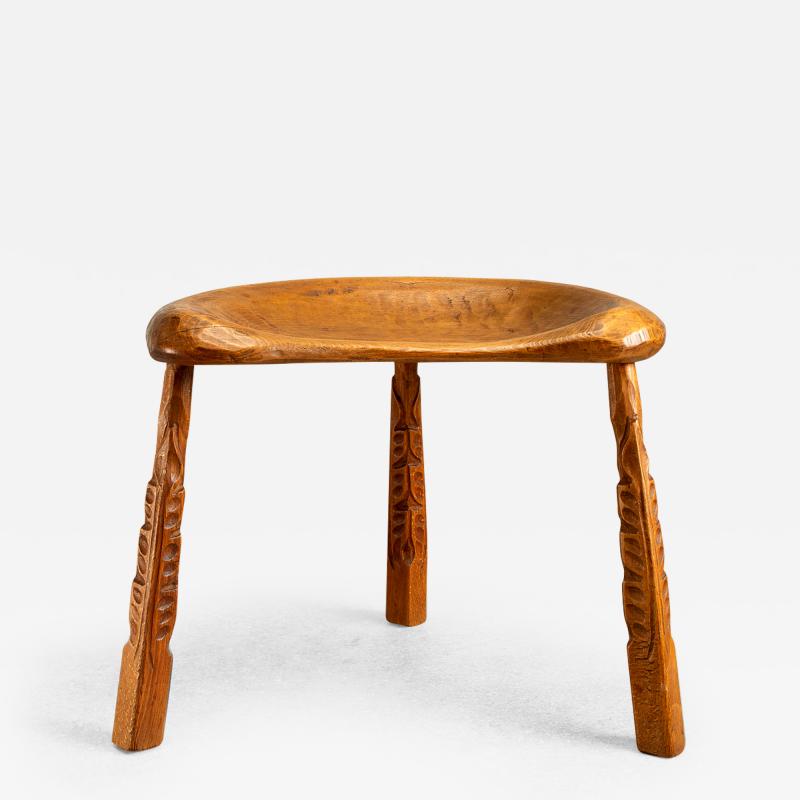 Hand Carved Viking Style Tripod Stool in Solid Beech Denmark 1900s