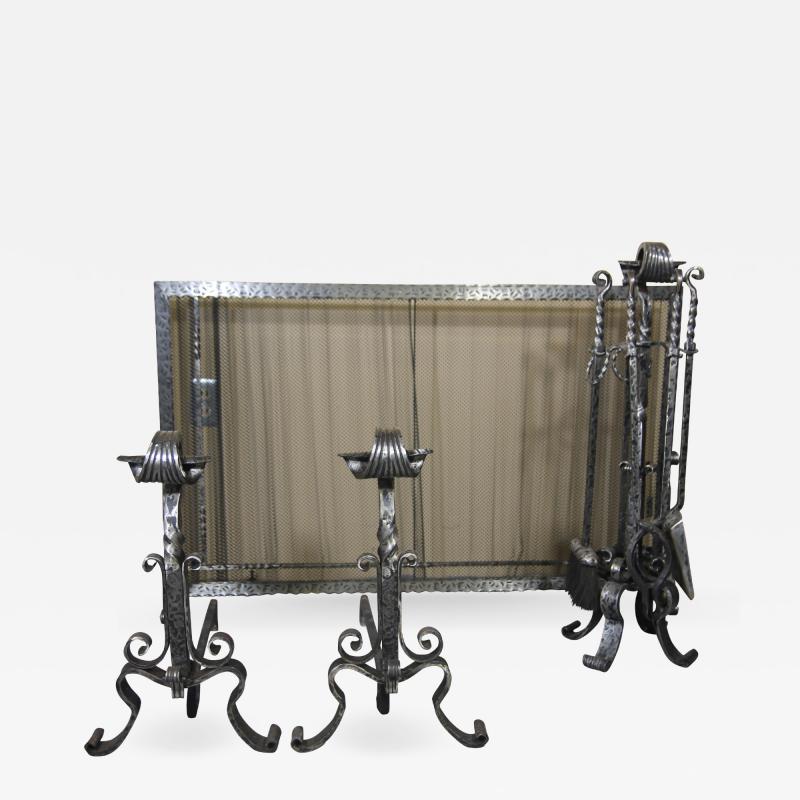 Hand Forged Wrought Iron Fireplace set Screen Tools and Andirons