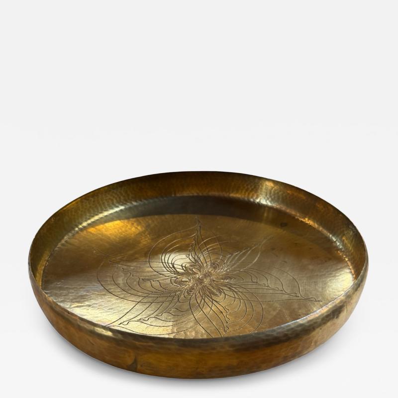 Hand Hammered Brass Centerpiece Bowl with Engraved Floral Motif 1970s
