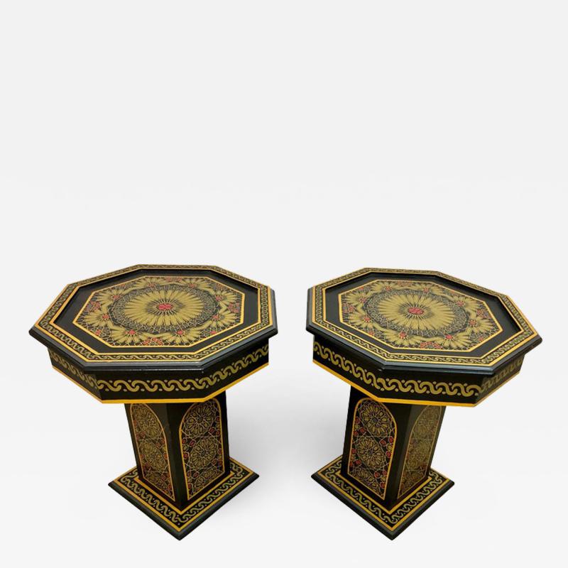 Hand Painted Black Moroccan End Side or Lamp Tables Octagonal Shaped a Pair