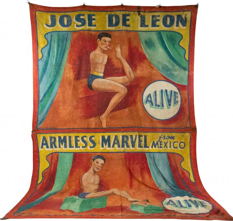 Hand Painted Circus Banner of Armless Wonder