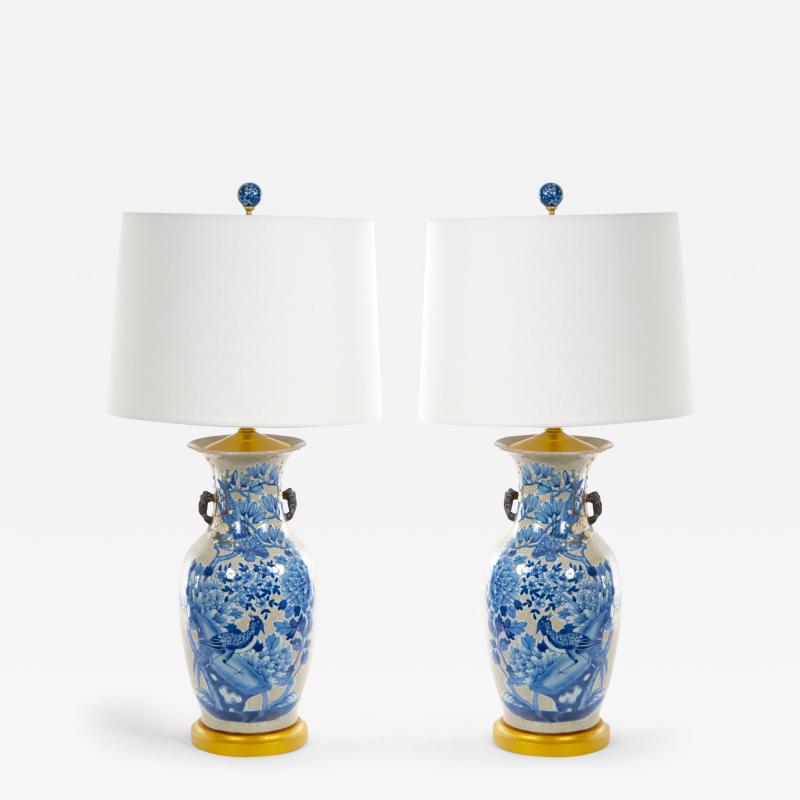 Hand Painted Decorated Chinese Porcelain Blue Beige Crackle Lamps
