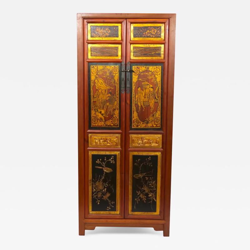 Hand Painted Red Gilt Wood Chinoiserie Decorated Cabinet