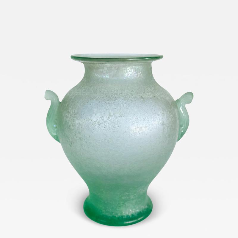 Hand blown Murano Celadon Venetian Scavo Glass Urn Vase 2 Handles