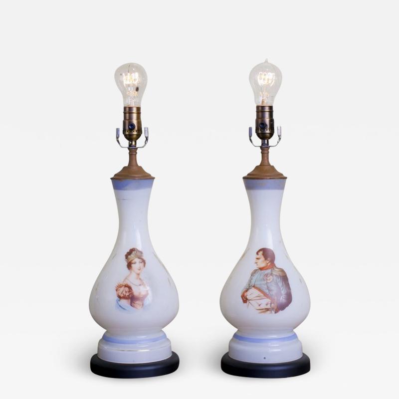 Handblown Hand Painted Antique Opaline Napoleon and Josephine Table Lamps