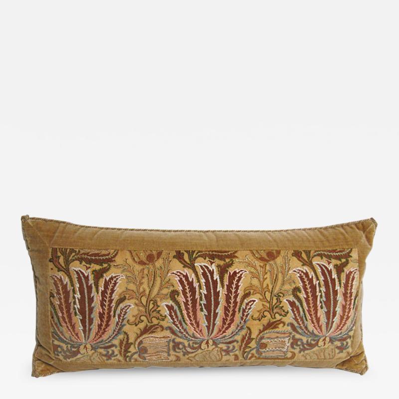 Handmade Yellow Velvet Pillow with 19th Century Silk Embroidered Panel