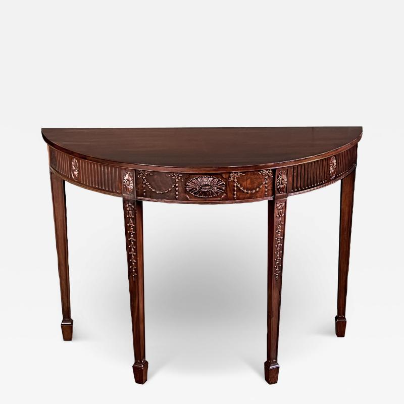 Handsome English George III Hepplewhite Style Carved Mahogany Demilune Table