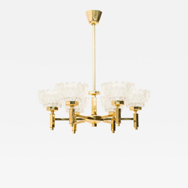 Hans Agne Jakobsson 2 Hans Agne Jakobsson Swedish Brass and Frosted Geometric Cut Glass Chandeliers