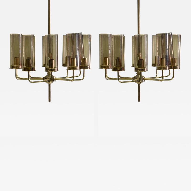 Hans Agne Jakobsson 2 Scandinavian Modern Brass Smoked Glass Chandeliers by Hans Agne Jakobsson