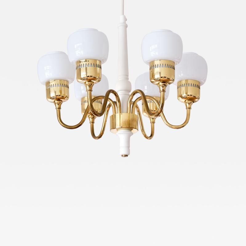 Hans Agne Jakobsson Hans Agne Jakobsson Six Arm T526 Chandelier Brass and Opal Glass Sweden 1960s