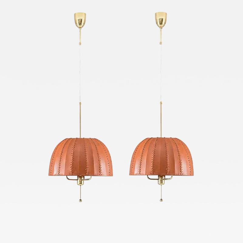 Hans Agne Jakobsson Midcentury Swedish Pendants in Brass and Leather by Hans Agne Jakobsson