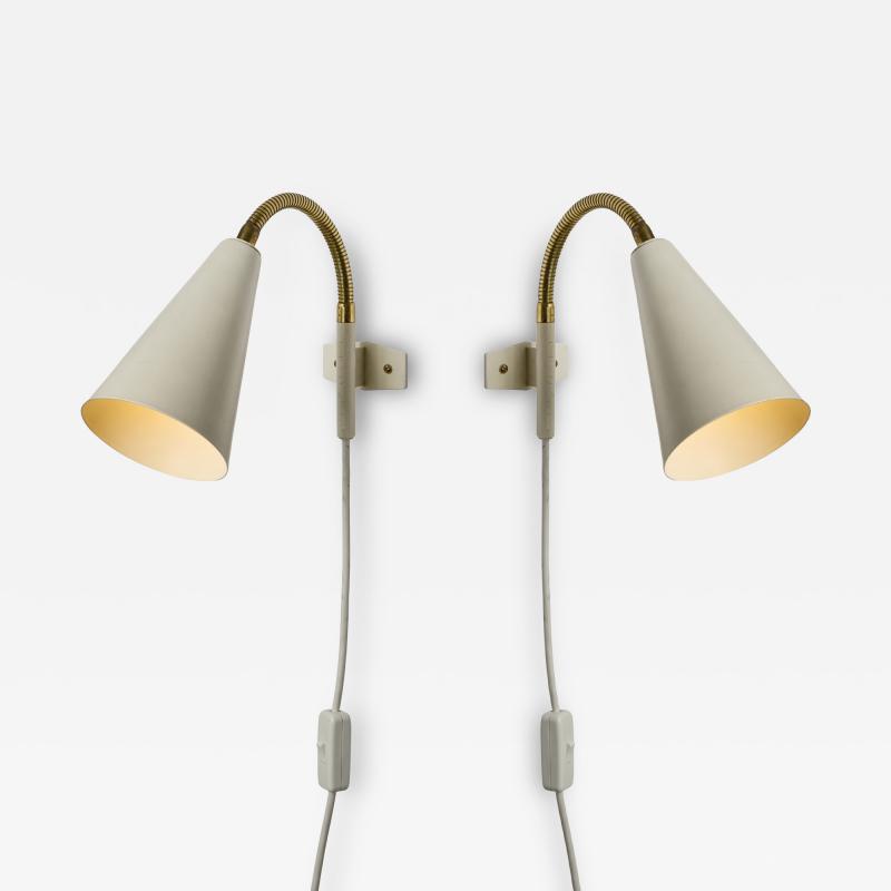 Hans Agne Jakobsson Pair of 1960s Plug in White Conical Wall Lamps Attributed to Hans Agne Jakobsson