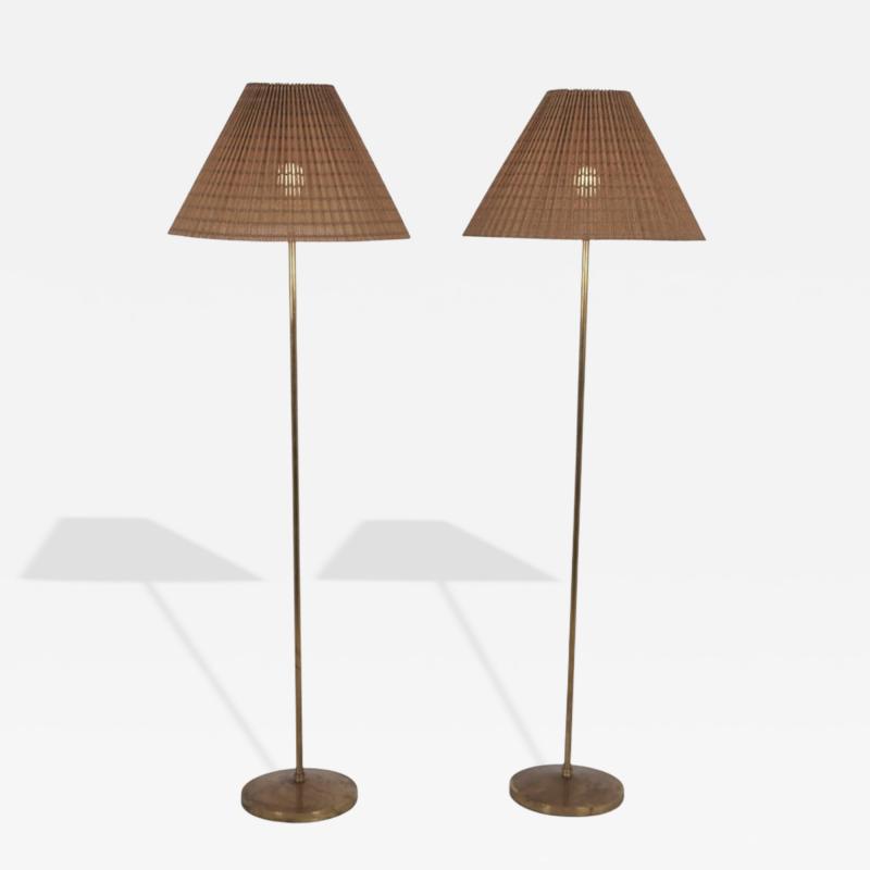 Hans Agne Jakobsson Pair of Hans Agne Jakobsson Floor Lamp in Brass Rattan Markaryd Sweden 1970s