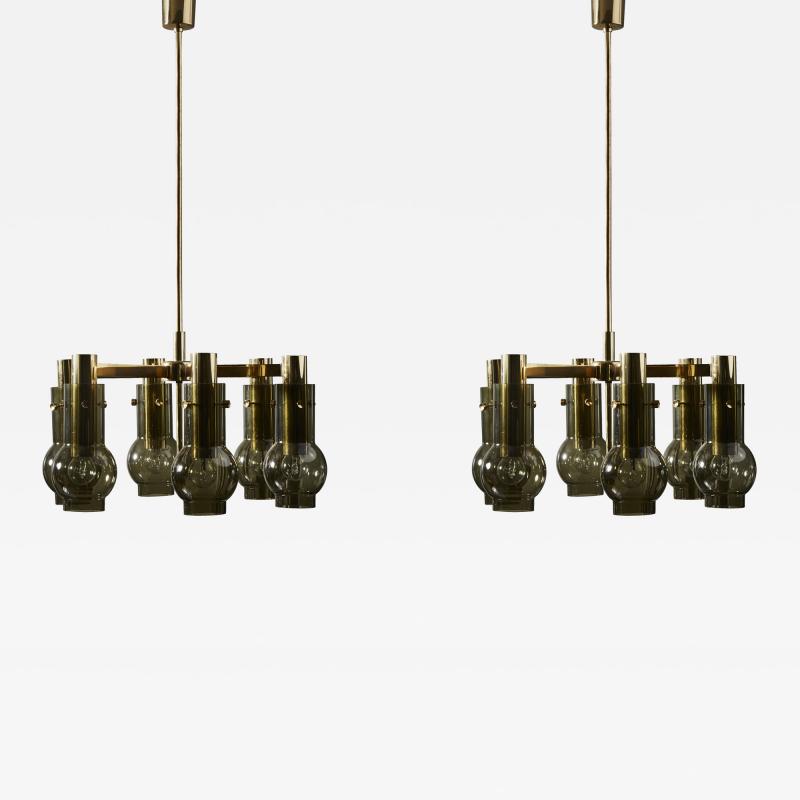 Hans Agne Jakobsson Pair of Hans Agne Jakobsson Six Arms Chandeliers with Green Glass Shades