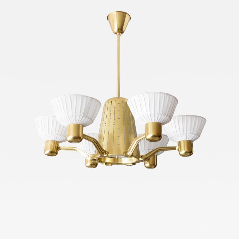 Hans Bergstr m HANS BERGSTROM SCANDINAVIAN SIX ARM BRASS CHANDELIER WITH FABRIC SHADES 