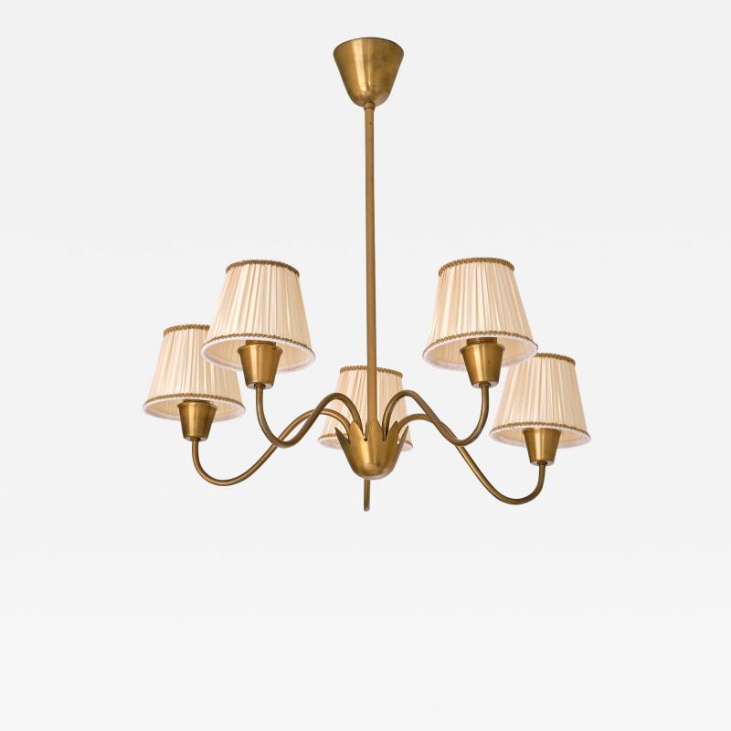 Hans Bergstr m Hans Bergstr m Five Arm Brass Chandelier with Pleated Shades Sweden 1950s