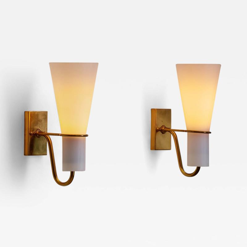 Hans Bergstr m Pair of Brass and Opal Wall Lights by Hans Bergstr m for ASEA Sweden 1950s