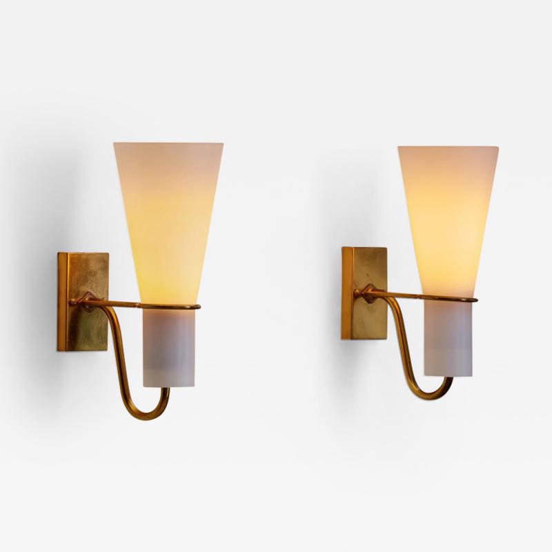 Hans Bergstr m Pair of Hans Bergstr m Brass and Opal Glass Wall Lights for ASEA Sweden 1950s