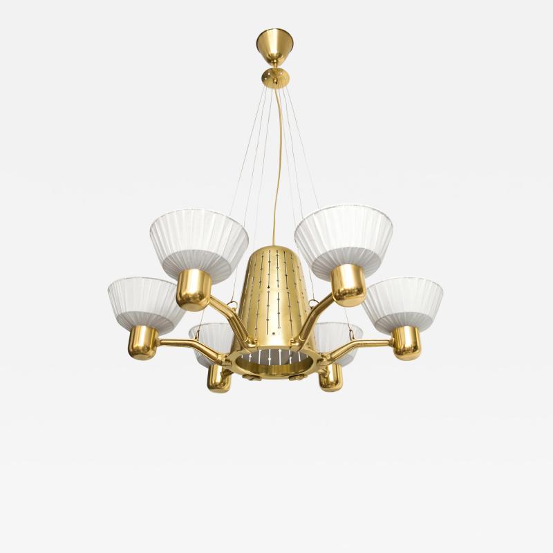 Hans Bergstr m SCANDINAVIAN SIX ARM BRASS CHANDELIER WITH FABRIC SHADES 