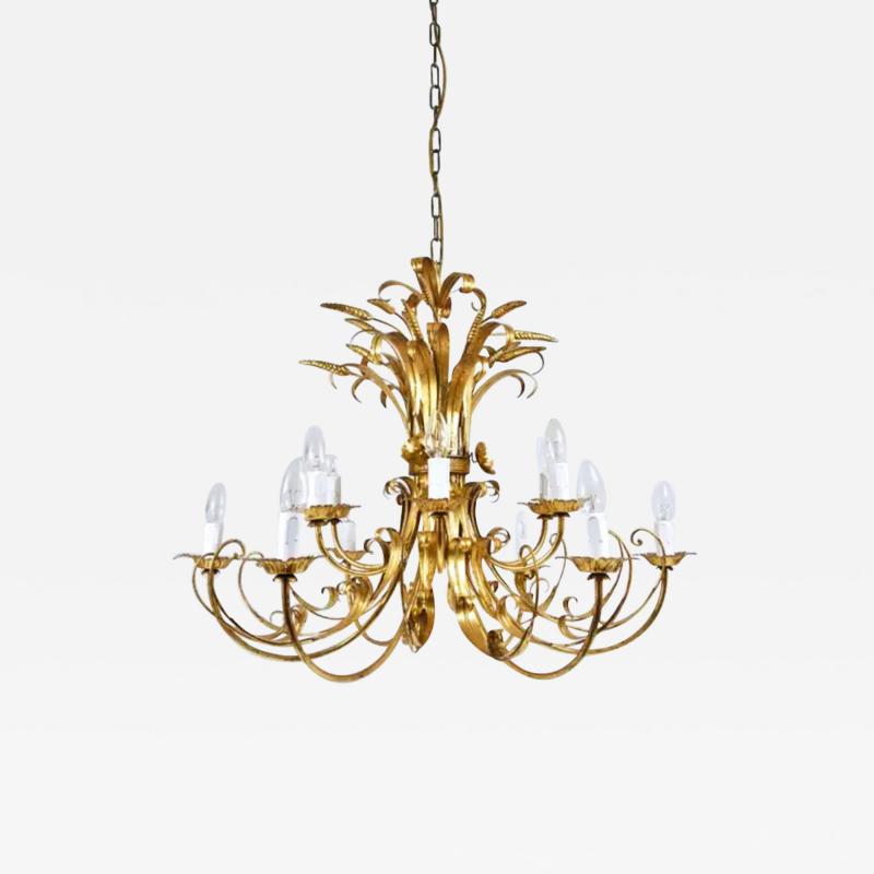 Hans K gl Hans K gl XL Hollywood Regency Wheat Floral Bouquet Gilt Iron Chandelier 1970s