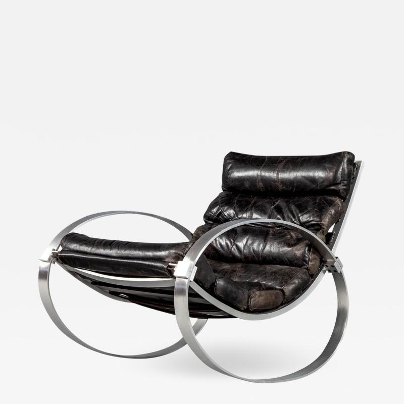 Hans Kaufeld Leather and Brushed Aluminum Mid Century Rocking Chair