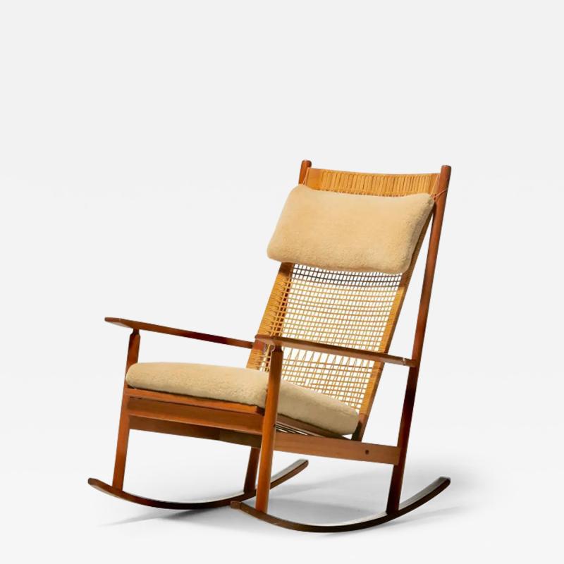 Hans Olsen 1960s Danish Modern Teak Rocking Chair by Hans Olsen in Plush Cream Shearling