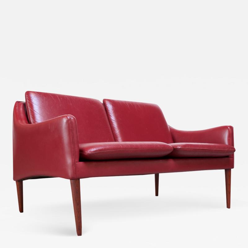 Hans Olsen Danish Modern Cranberry Leather Settee by Hans Olsen