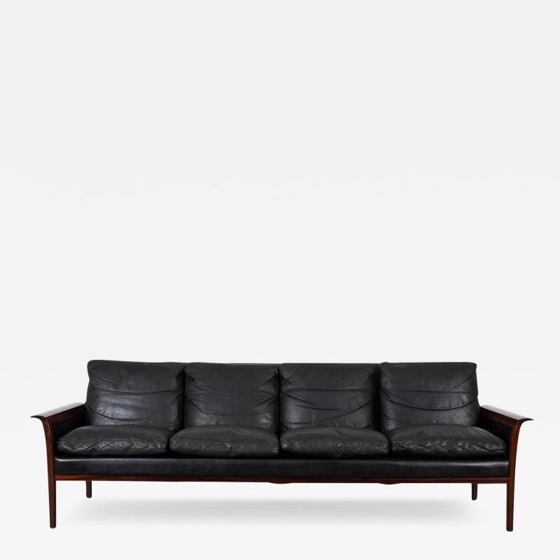 Hans Olsen Mid Century Danish Modern Rosewood Hans Olsen Sofa Couch Black Leather Cushions