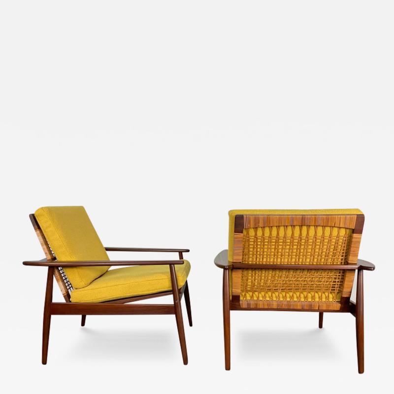 Hans Olsen Pair of Hans Olsen Afromosia Cane Lounge Chairs for Juul Kristensen