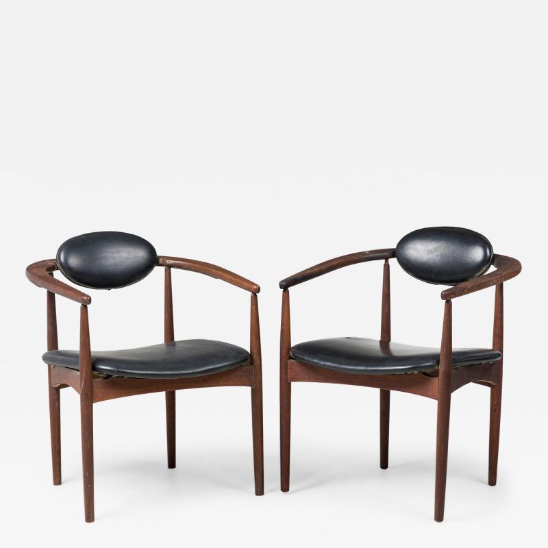 Hans Wegner 3 Danish Modern Black Leather Upholstered Armchairs Manner of Hans Wegner