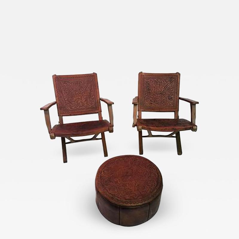 Hans Wegner Great Pair of Hans Wegner Style Saddle Tooled leather Folding Chairs and Ottoman