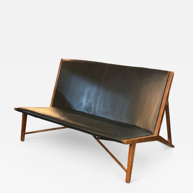 Hans Wegner Hans J Wegner Style Teak Leatherette Settee Denmark 1950s