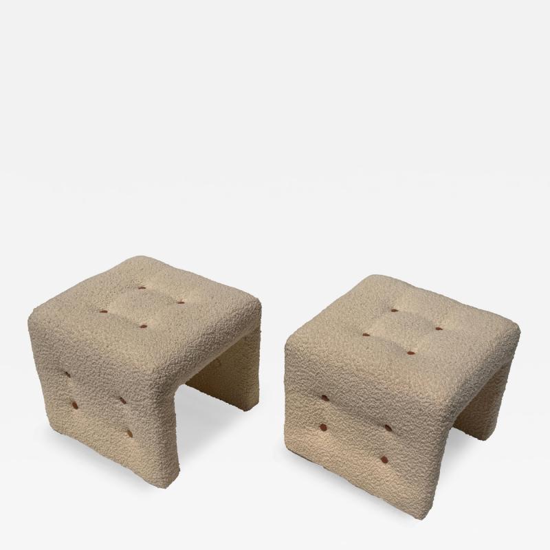 Hans Wegner Modern Upholstered Stools in Bucle Fabric with Cognac Leather Buttons