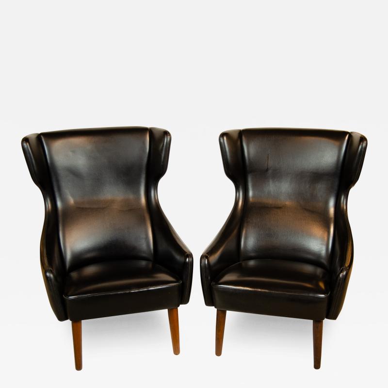 Hans Wegner Pair of Black Vinyl Wingback Chairs