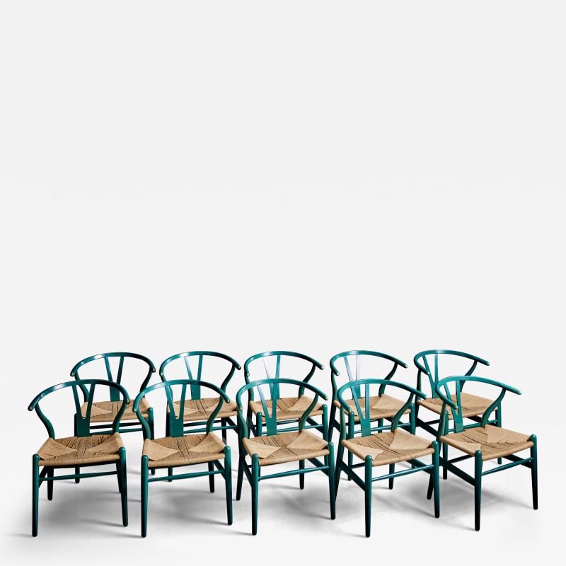 Hans Wegner Set of 10 Hans Wegner Wishbone Chairs in Green Lacquer for Carl Hansen S n